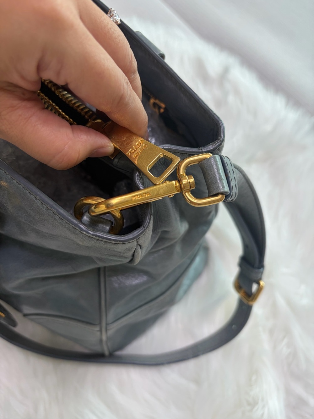 Prada Metallic Gray Leather Shoulder Bag with Gold Hardware - Picture 15 of 17